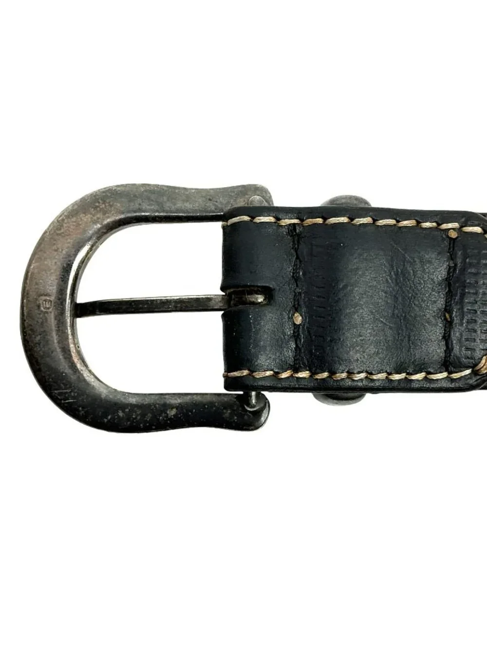 Two-Tone Western Leather Belt Rustic Buckle & Intricate Stitching Vintage Small